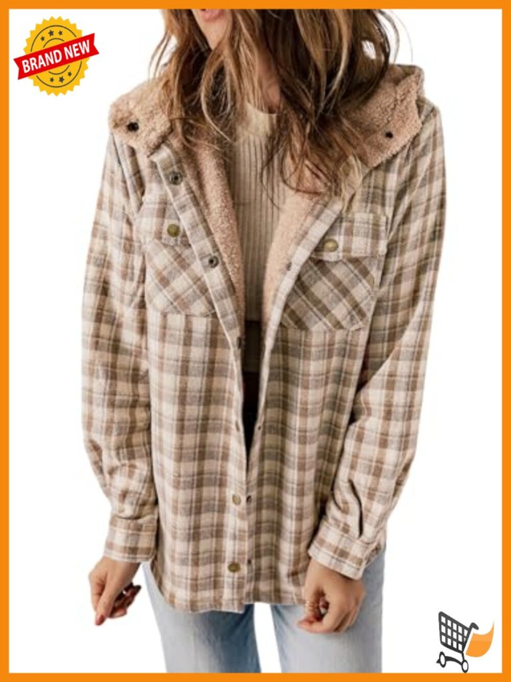Plaid Fleece Lined Hooded Shacket Button Down Jacket Loose Fit